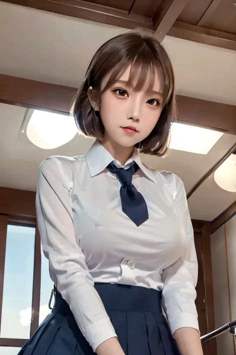 1 girl, beautiful, cute, professional lighting, highest quality,well-groomed face,(school uniform:1.7), beautiful,short hair,(lo...