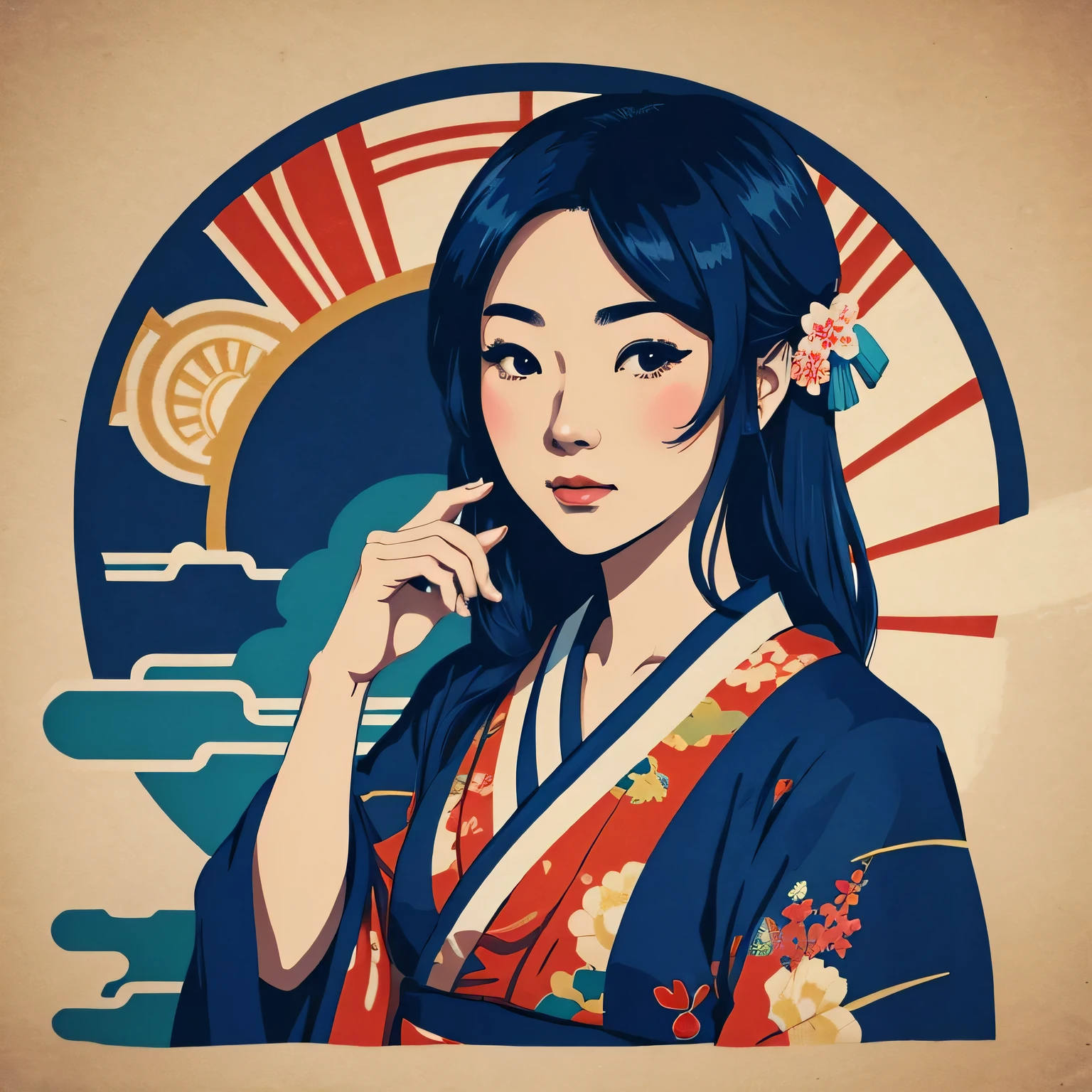 Art vintage japonais, Conception de t-shirts, art vectoriel, art plat:1,4. japonaise en kimono,cheveux courts ,umi, mer,ocean