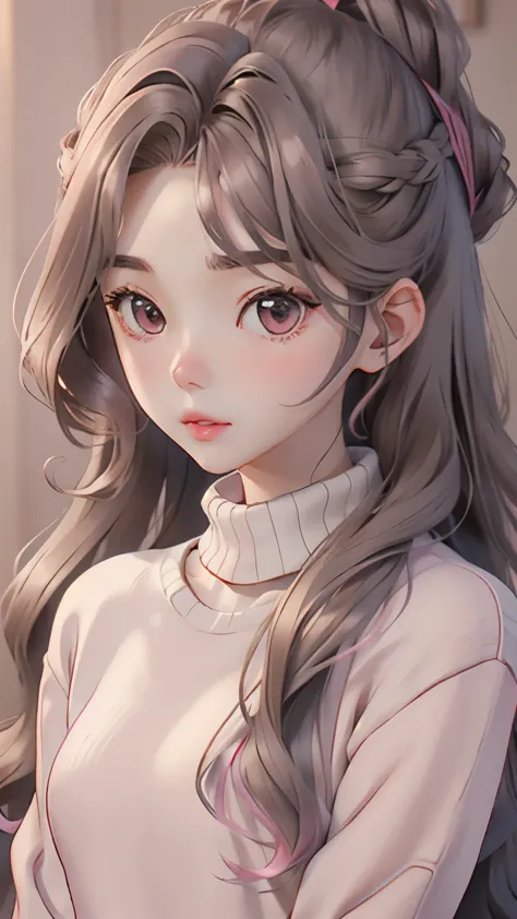 girl, long brown hair, gray eyes, Sharp features, white skin, pink lips, wavy hairstyle, sweater, brown jacket