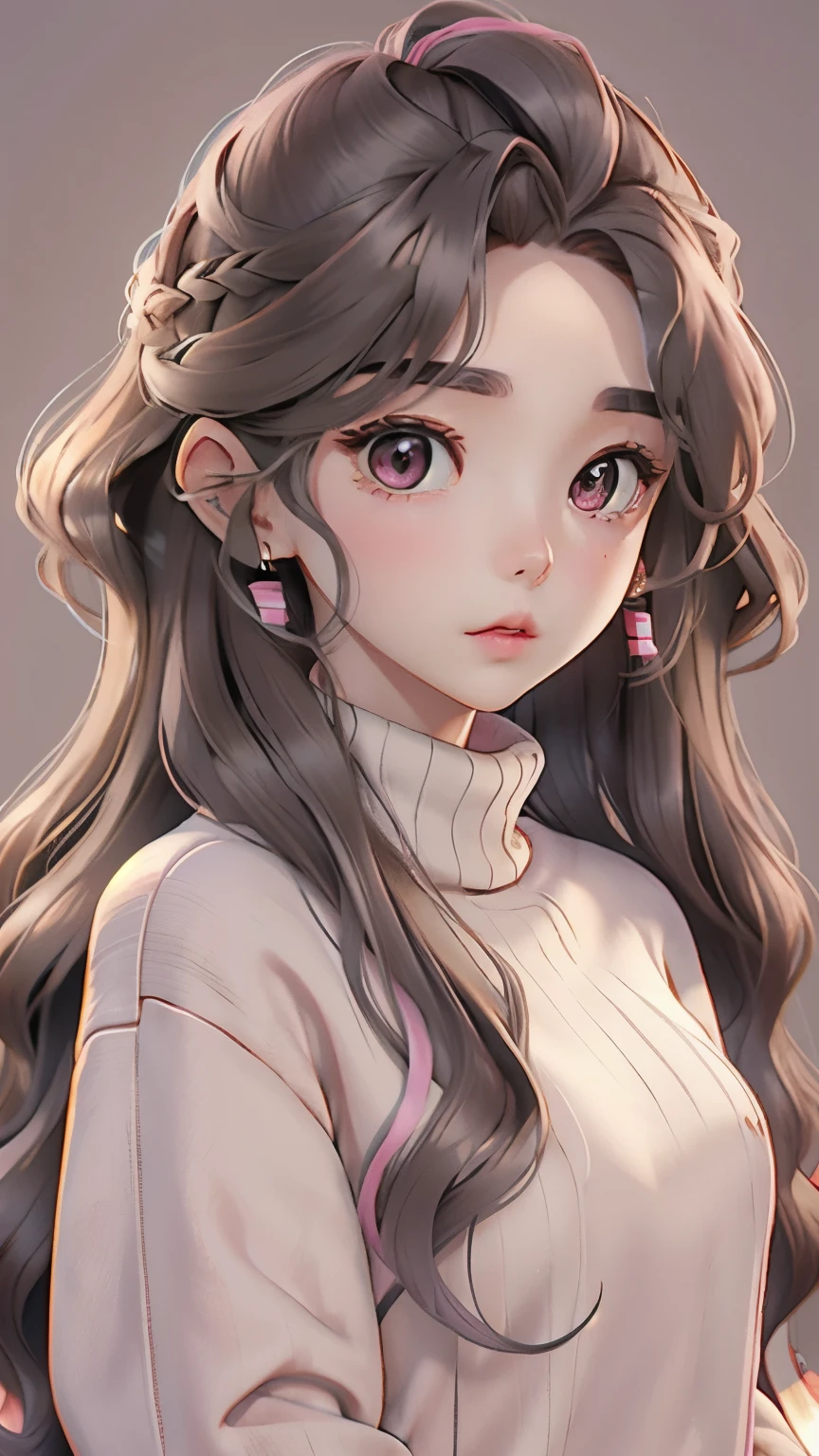 girl, long brown hair, gray eyes, Sharp features, white skin, pink lips, wavy hairstyle, sweater, brown jacket