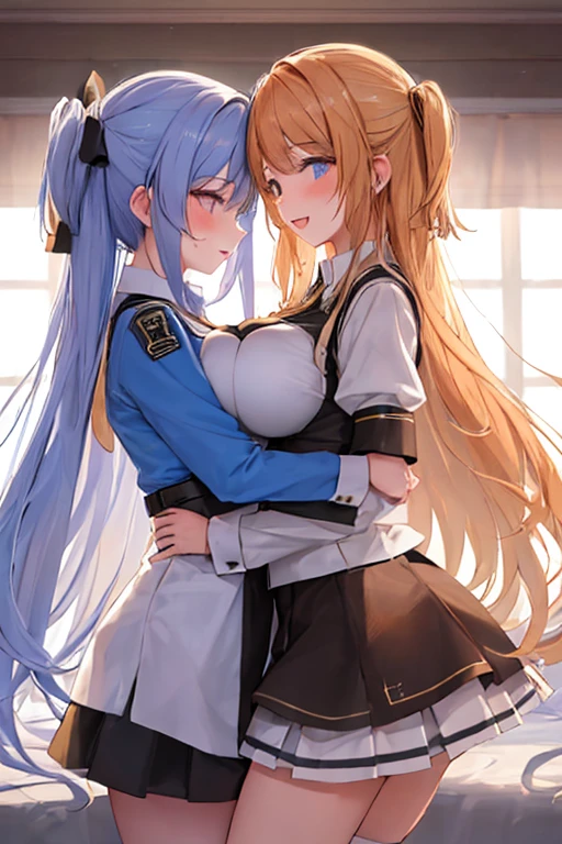 (best quality, masterpiece:1.2), 
Two beautiful girls in cute uniforms are hugging each other facing front, 
Their breasts are large, 