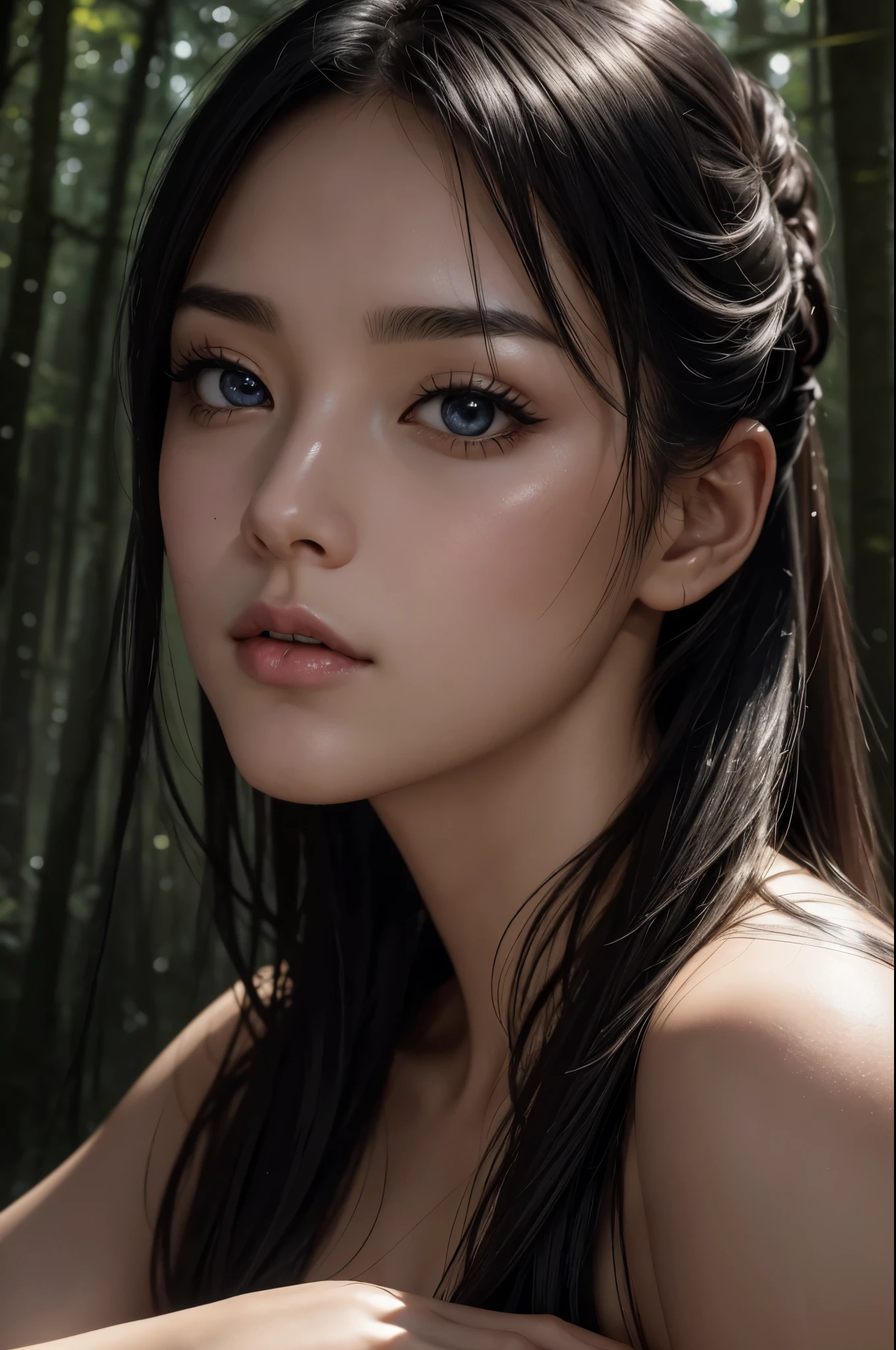 8k,Horror-like &quot;In the Forest&quot;,(masterpiece、highest quality:1.3)、日本のsexlyなランジェリーを着た女子高生,超A high resolution,1,Super beautiful(like the real thing),black hair ponytail、(1 girl)、((lips))、(nose)、((long face))、watering、stylish、kind eyes,rugged appearance,look at the audience、soft makeup、textured、dynamic posture、wide shot、 dramatic lighting:1.1、(perfect gradation)、coldness,particles of light、(Depth of the bounds written)、(intricate details:1.2)、in the forest(highly detailed background)、sexly,dark atmosphere,normal breast,in the forest,masterpiece,Highest quality photorealistic RAW photos。bright colors,rich colors, Backlight, cinematic lighting, film grain, to be born, 50mm lens, Nikon D850,super realistic skin,fantasy art,character art,ultra high resolution,realistic scale skin,Perfect hand shape,view audience,beautiful expression,Close-up,on the bed,