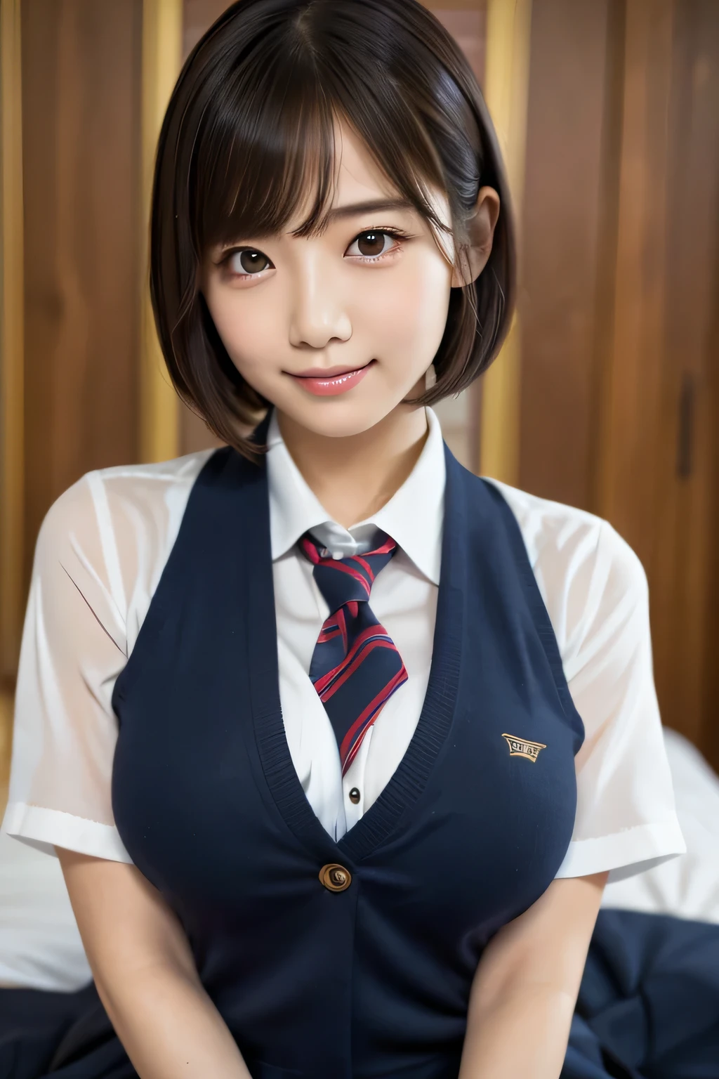 1 girl, beautiful, cute, professional lighting, highest quality,well-groomed face,(school uniform:1.7), beautiful,short hair,(big breasts:1.2), school,