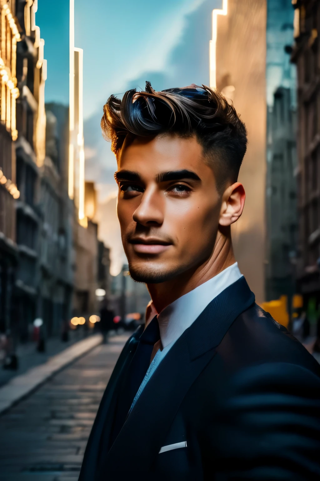 A handsome young man with Italian features is the main subject of the portrait. His detailed face showcases his beautiful eyes and lips. The portrait is of the highest quality, with ultra-detailed features and a resolution of 4k or 8k. The lighting is vibrant and colorful, giving the image a lively and energetic atmosphere. 

The young man is dressed in stylish urban fashion, reflecting the urban environment surrounding him. He is portrayed in a trendy urban background with elements such as graffiti walls or modern architecture. The urban setting adds a sense of modernity and captures the essence of an IG influencer. 

The overall style of the portrait is realistic and photorealistic, emphasizing the fine details and capturing the essence of the subject. The colors used in the image are vibrant and eye-catching, further enhancing the energetic atmosphere. The lighting in the portrait is carefully crafted to highlight the young man's features and create a visually stunning image. The lighting may include dynamic light and shadow effects, adding depth and dimension to the portrait. 

The prompt can be formatted as follows:
"(best quality,ultra-detailed,portrait:1.2),(handsome:1.1,Italian) young man,(IG influencer),(urban environment),(colorful, vibrant) lighting"