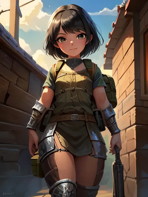 (girl:1.2), (small breasts), (black hair:1.0), (solo:1.2), (brown traveller backpack:1.2), (pixiv masterpiece:1.2), (metal armor...