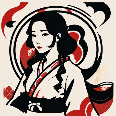 art vintage japonais, conception de t-shirts, art vectoriel, flat art, :1,4. femme japonaise en kimono,cheveux courts ,noir et b...