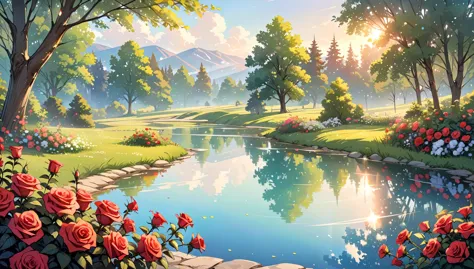 flowers, roses, nature, clear and clean pond in the middle, morning, detailed background, wallpaper