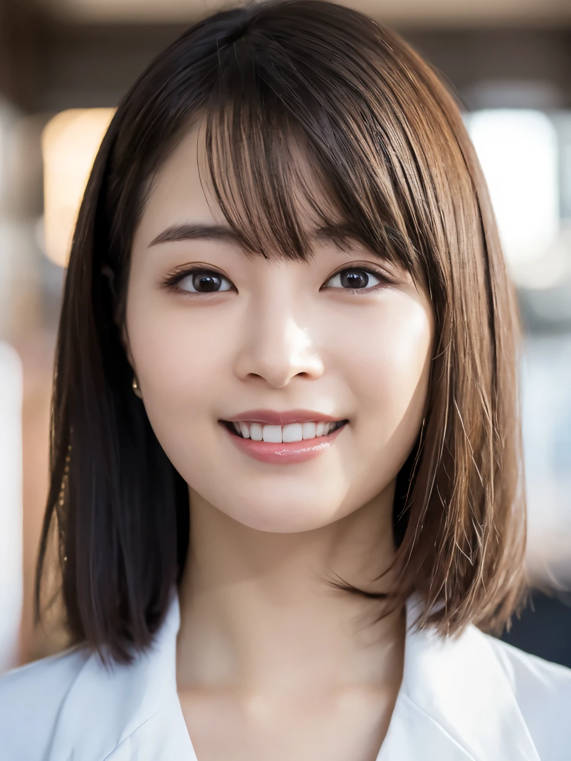 table top, highest quality, realistic, Super detailed, finely, High resolution, 8k wallpaper, cinematic lighting、1 person、beautiful japanese woman、30 years old、light brown straight bob hair, wearing a business suit, (blurred background、station platform、noon、Light of the sun)、sharp focus, perfect dynamic composition, narrow eyes:1.5, finelyて美しい目, thin hair, Detailed and realistic skin texture, (smile), (head tilt), close-up portrait, model body shape