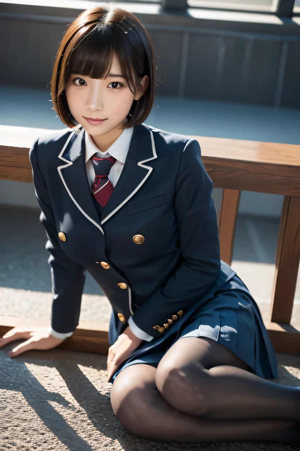 1 girl, beautiful, cute, professional lighting, highest quality,well-groomed face,(school uniform:1.7), beautiful,short hair,(big breasts:1.2), school,beautiful feet, black tights