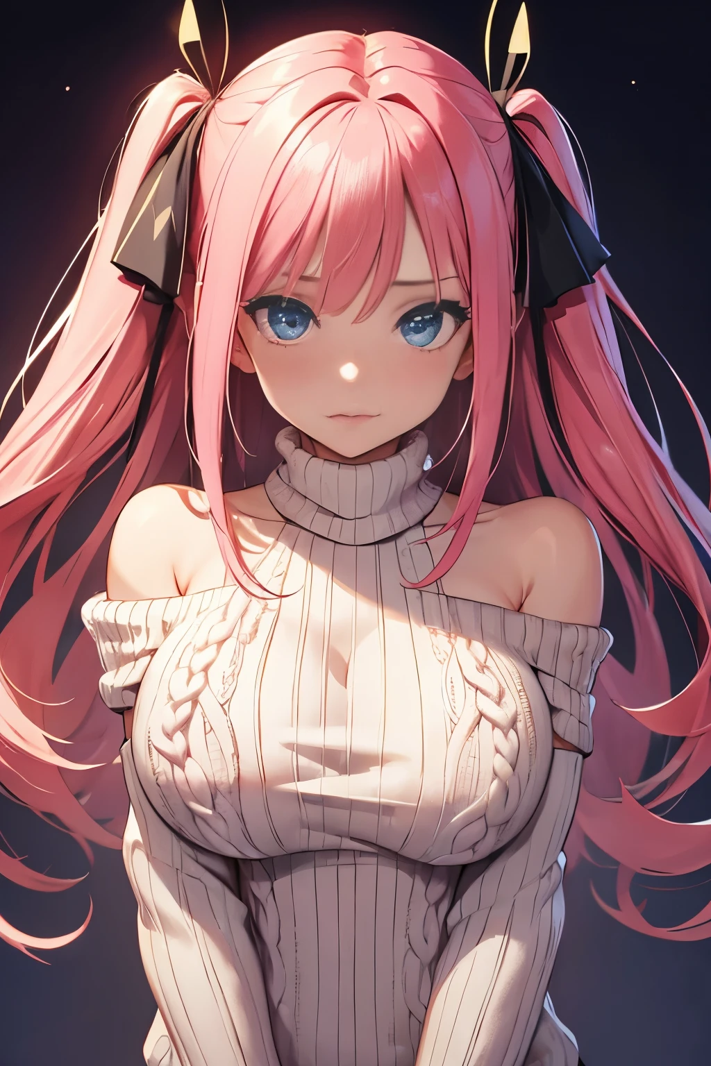 Optimal，masterpiece，High resolution，highest quality，（Upper body），cute face，，pink hair、twin tails、long hair、hair line，（（blue eyes）），long eyelashes，drooping corners of the eyes，white skin，((shoot from the front:1.5)), ((Tight knit off-shoulder sweater:1.5)), ((tight yoga pants)). ((transparent nipples))、((black gloves))、rocket tits, ((big breasts:1.3))