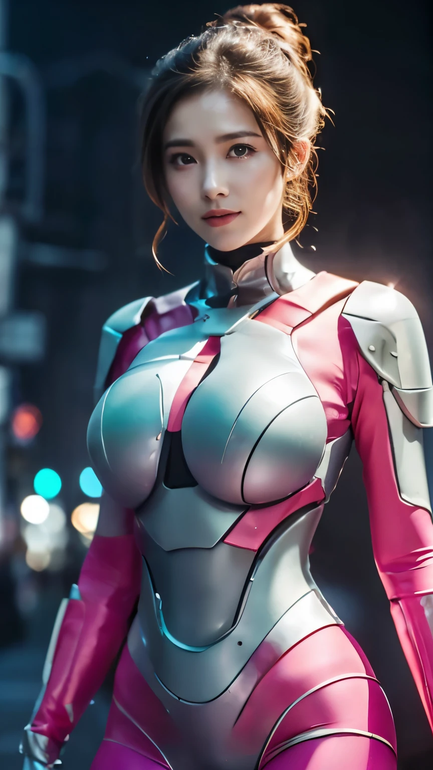 (highest quality、8K、32k、masterpiece、UHD:1.2、perfect body beauty:1.2、Wearing a futuristic hero suit with a pale pink and white shine:1.5、rain、street、Cute 25 year old Japan woman、big and full breasts:1.5、ponytail、Upper body、front、simple background、looking at the viewer、dynamic pose:1.5、sunlight pours down