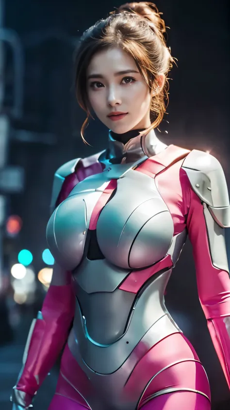 (highest quality、8K、32k、masterpiece、UHD:1.2、perfect body beauty:1.2、Wearing a futuristic hero suit with a pale pink and white sh...