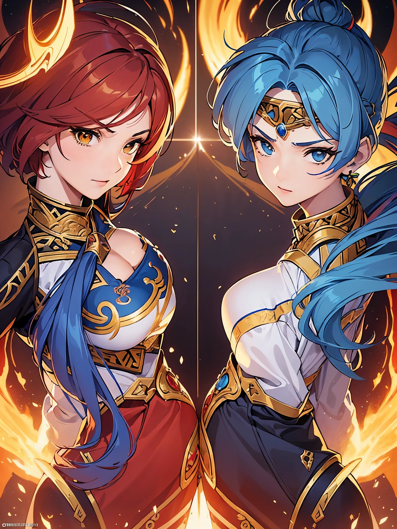 ((highest quality)),(ultra high resolution),(Super detailed),(detailed description),((best CG)),(best work of art),super precision art,amazing drawing art,(Fantasy art with precise details:1.5), ((two female warriors:1.8)),dynamic pose:1.5, (red short hair female warrior:1.5),(A strong and beautiful face:1.3), (female warrior with long blue hair:1.5), ((Dynamic combination technique:1.8)),explosive flame,diffusion,impact