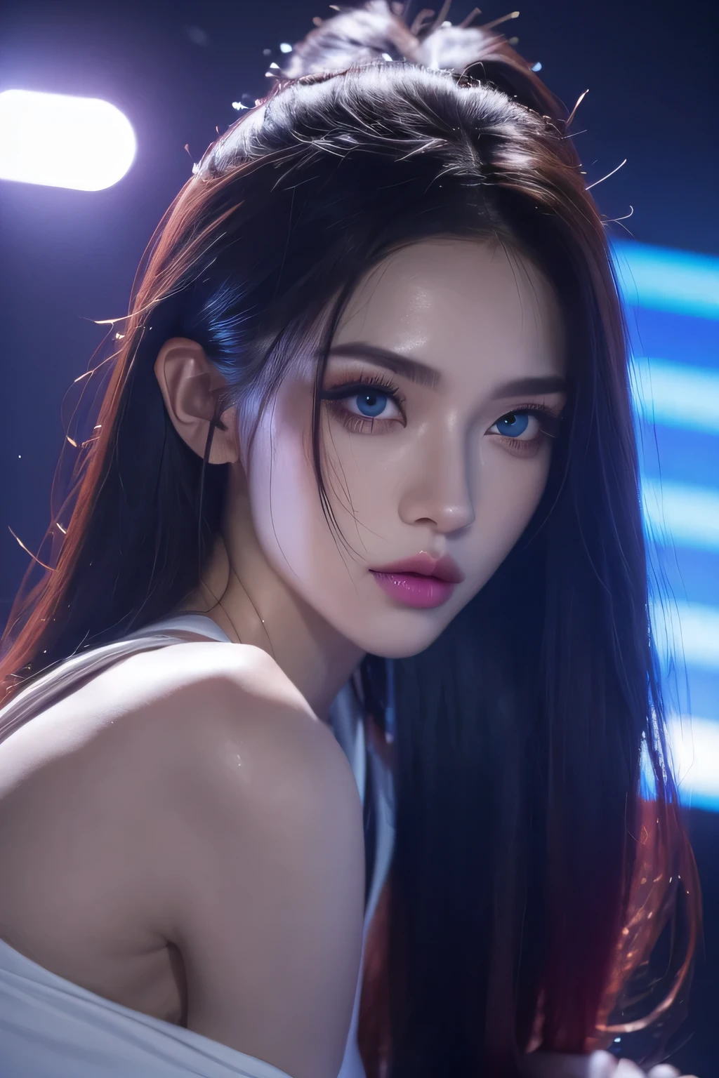 "(best quality,highres:1.2),ultra-detailed,realistic,portrait,vivid colors,studio lighting,beautiful detailed eyes,beautiful detailed lips,longeyelashes,1girl,blue haze,futuristic,punk style,white dress,purple long hair"