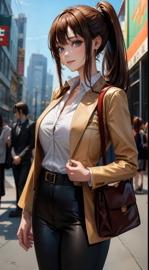 anime「shingeki giant」shasa of, shoulder length hair, brown hair, ponytail, beautiful, beautiful woman, perfect body, perfect bre...