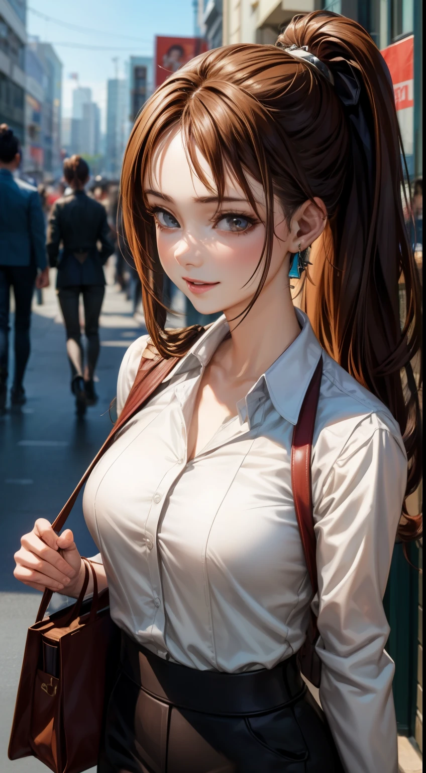 anime「Shingeki Giant」Shasa of, shoulder length hair, brown hair, ponytail, beautiful, beautiful woman, perfect body, perfect breasts, Wearing a white formal shirt, black blazer, black pants, carrying a bag, wearing a watch, earrings wearing earrings, In public, Creatures of Tokyo city, Being on the street, Look at the viewer with a slight smile, realism, masterpiece, textured leather, Super detailed, high detail, high quality, 最high quality, 1080p, 16k