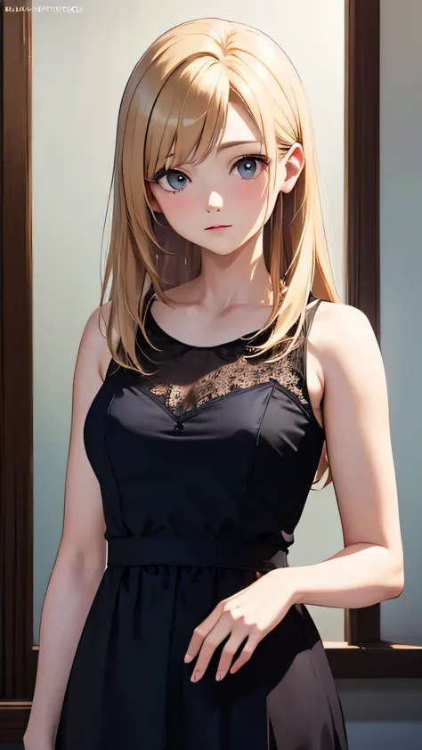 Mujer rubia con pelo largo y vestido azul posando para una foto., realistic anime art style, render fotorrealista de chica anime...