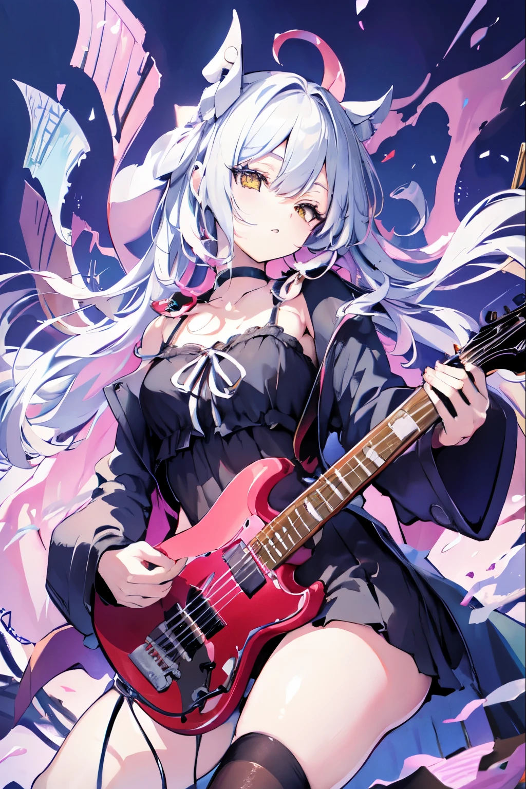 ((masutepiece)), ((Best Quality)), (Ultra-detailed), Anime style, Live performance venue, Cute s, 1girl in, Solo, Playing the guitar 00, ((Beautiful eyes))0, Smile,(((yellow eyes))),