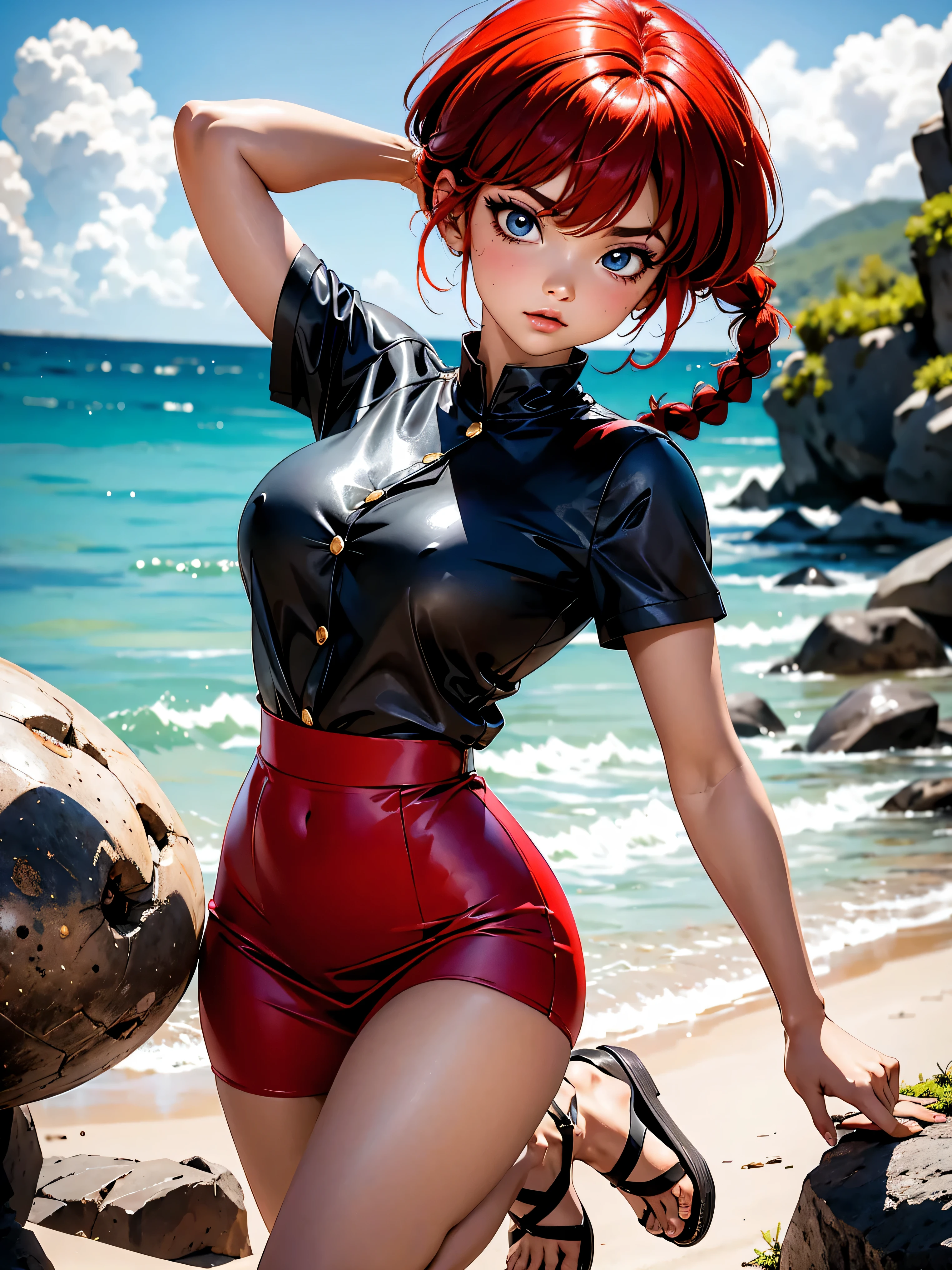 Redhead anime girl with denim shorts and red dress, overskirt, 16 yrs old, Body cute, breasts big, with hands behind head, running your hands through your hair, sexy girl, red short hair with braid, side hair highlights, locks of hair on the side of the face, beautiful lighting, softshadows, blue colored eyes, pretty legs, short hair with braid, anime styling, ranma chan, Autora Rumiko Takahashi, Based on a work by Rumiko Takahashi, Anime Ranma 1/ 2, decote sexy, robust hip, fully body, fully body, Bust Big, young girl with beautiful and beautiful body taking a shower in the rain, sandals on his feet, garota 16 yrs old jovem baixa estatura, wearing jeans, anime girl, anime styling, beautiful feet in sandals, plein-air, red hair braid, beautiful breasts, oil bust