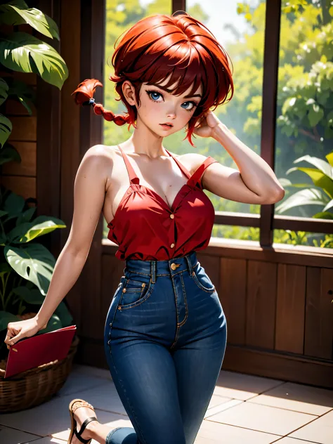 Garota anime ruiva com bermuda jeans e vestido vermelho red, saia, 16 anos, corpo bonito, seios grandes, with hands behind head,...