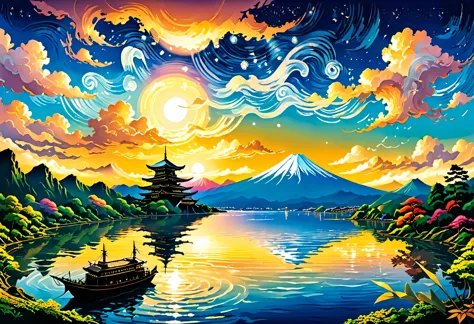 (Illustration of Evening Pond), 
nature, sunset, ( Lake Kawaguchi and Mt Fuji), pleasure cruise ship in the shape of a pirate ship, spectacular view, best quality, masterpiece, intericate detail