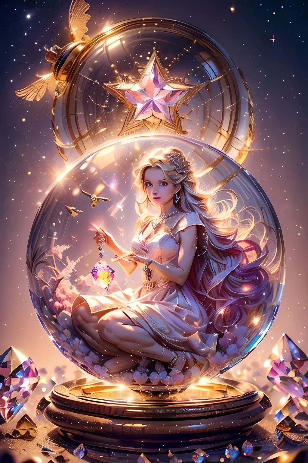 (One young man:1.56, Beautiful highly detailed dress in pale pink color, decorative star ,Trapped in a crystal ball flying above the city: 1.4), (beautiful images, perfection, Magic, idyllic, Dreams: 1.54),surreal, 32K High Resolution, (maximum sharp focus: 1.3), (greatest prospects: 1.5), ,sunset lighting, movie lighting