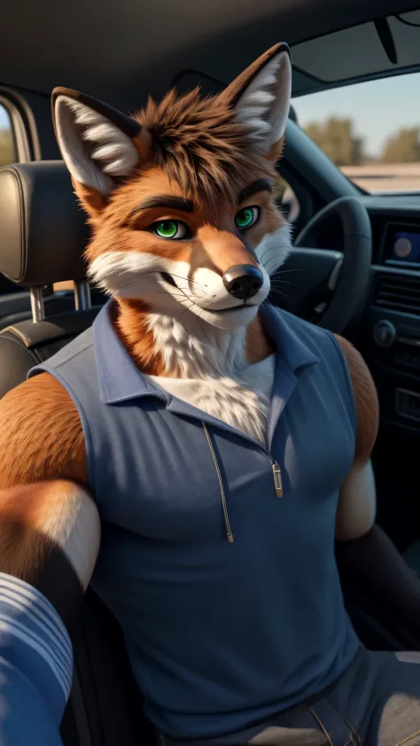 An 18 year old muscular teenage Fox male fursuit alone in the car and wearing a random outfit looking at the viewer and green eyes