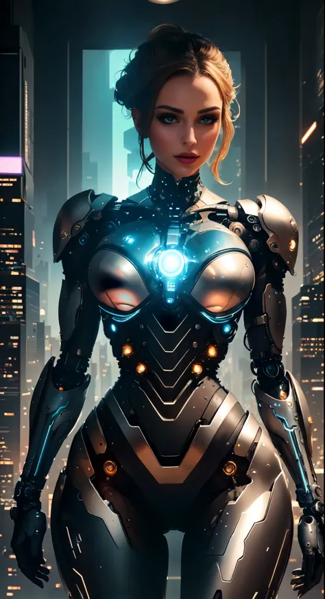 A female cyborg stands in a private reception area, surrounded by the breathtaking skyline of a bustling metropolis. The room is...