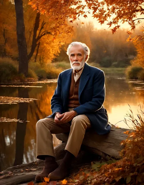 Sunset evening in the ring of a golden pond, American film, old man Henry Fonda sitting on a short wooden stake by the pond, fis...