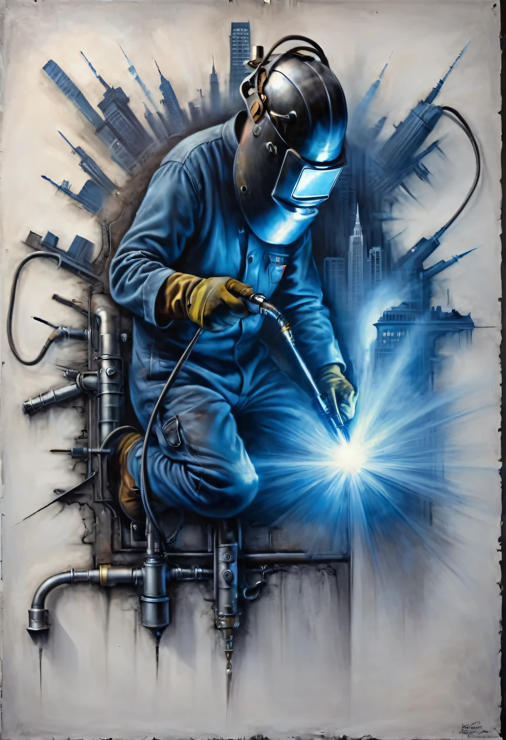 Gemälde eines Mannes, der an einer Wand schweißt, mit einer Stadt im Hintergrund, rauben McNaughton, Airbrush-Kunstwerk, Airbrush-Kunst, an Airbrush-Malerei, detailed Airbrush-Kunst, industrieller Kunststil, Die Edwards-Plakatkunst, Airbrush Kunst, von Ren Bonian, Airbrush auf Leinwand, Airbrush-Malerei, aetherpunk airbrush digital art