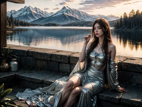 Reflective watercolor of a hippie-fashioned young woman sitting by a serene lake, engrossed in the act of smoking a hookah, her ...