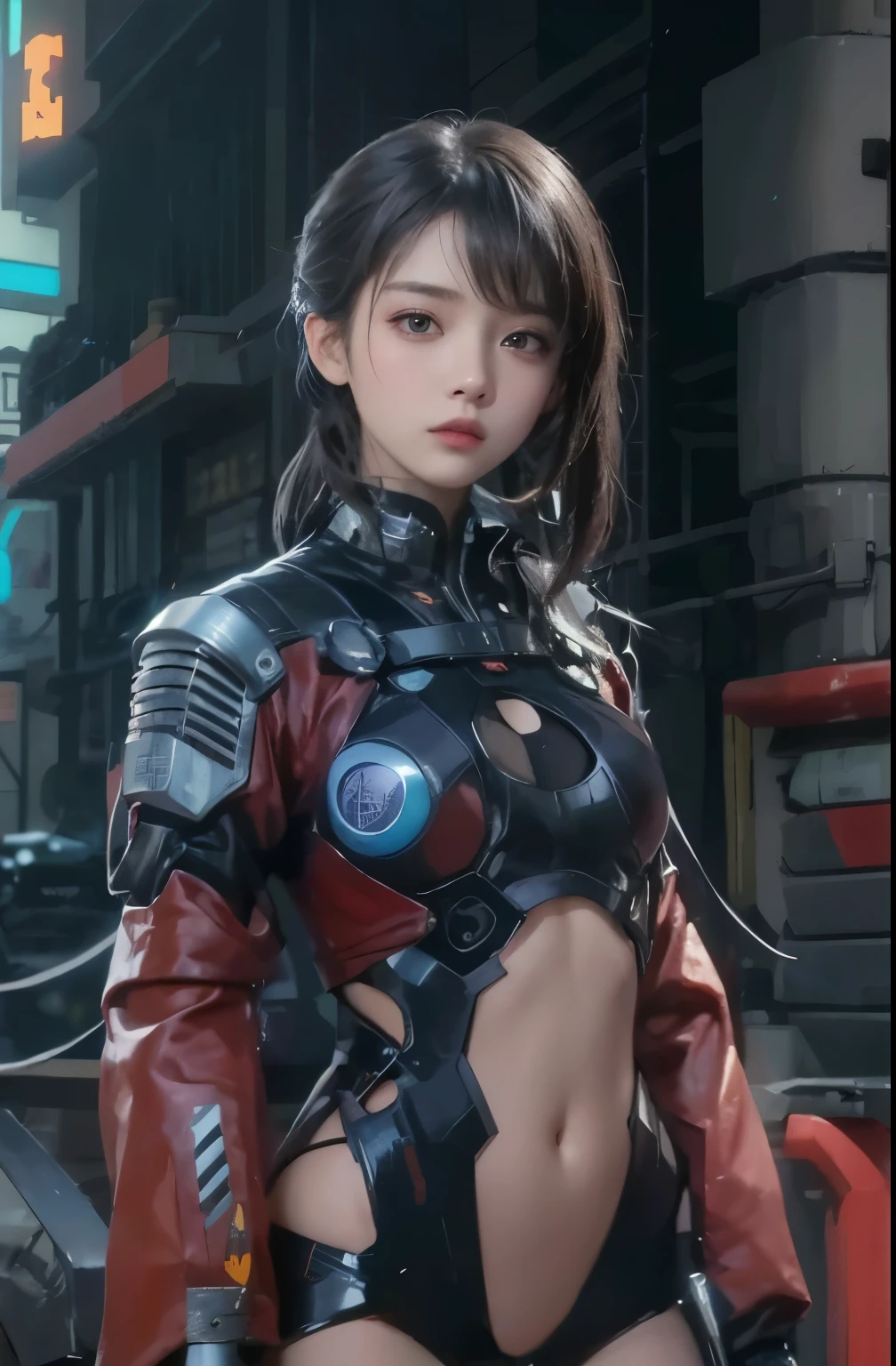 Anime girl in futuristic suit posing in front of the city, cute girl, cyberpunk anime girl mech, cyberpunk anime girl, female cyberpunk anime girl, Beautiful girl, Mecha Cyber Armor Girl, Digital Cyberpunk Anime Art, girl, 赛博朋克Beautiful girl,  - girl, perfect anime woman, Digital Cyberpunk - Animation Art, anime cyberpunk art，exposed navel，textured skin