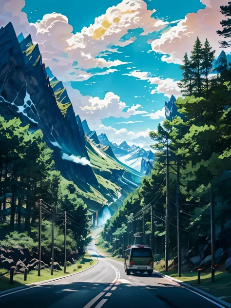 UHD, There is a road in the middle of the wilderness, in the style of anime art, detailed mountains and skies, sunny day, summer...