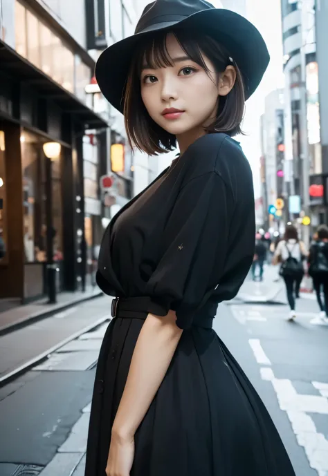 (((City:1.3, outdoor, Photographed from the front))), ((medium bob:1.3, black dress, hat,japanese woman, cute)), (clean, natural...