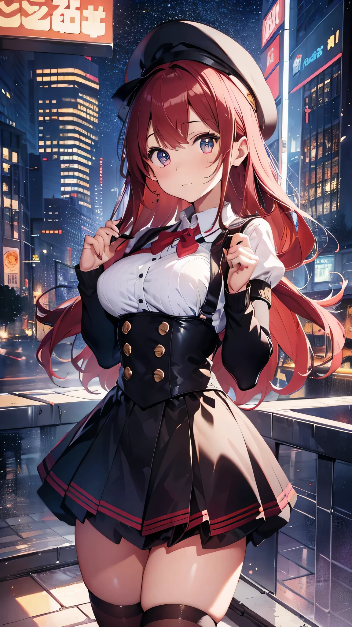 最high quality、best image quality、masterpiece、girl((1、 By becoming、vest bust、medium bust,wide open breast tea、shining eyes, glowing red hair、long hair、thin,highest valley、、black sailor suit、short skirt、Wristband、black gloves、hat、Tsundere、back view、reach out your hand、surprise)),high quality、beautiful art、background((luxurious school))、Flight、debris flies、Depth of written boundary、movie、visual art、perfect art、8K,genuine、