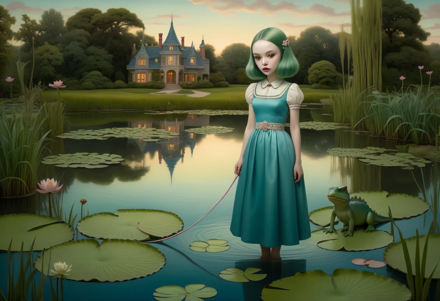 ภาพวาดบนกระดาษคราฟต์ตามสไตล์ของศิลปิน มาร์ค ไรเดน, a strange alien girl with long green hair in a blue dress walks a small dinosaur on a leash along the shore near the บ่อน้ำตอนเย็น, พื้นผิวสระน้ำยามเย็น, ดอกบัวและต้นกก, กบบนดอกบัว, มีสาวแปลกหน้ามาแสดงอย่างละเอียด, บ่อน้ำตอนเย็น, สอดคล้องกับสไตล์ของ Mark Ryden อย่างเต็มที่, ความคมชัดสูง, เพจสไตล์มาร์ค ไรเดน