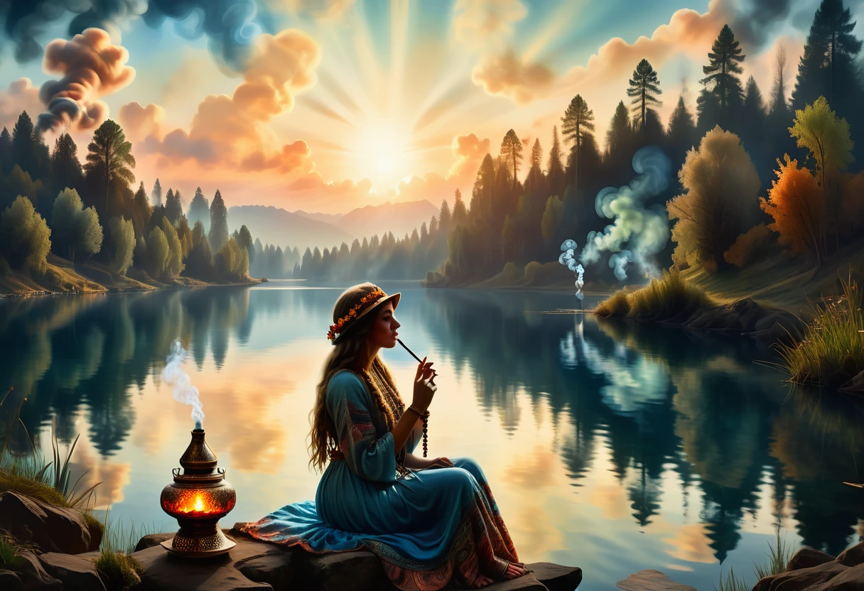 Evening scene featuring a young woman dressed in hippie-fashion with a Rastacap, smoking a hookah by a lake's edge, her silhouette and the rising smoke mirrored in the calm waters, inspired by V. Vasnetsov's "Alyonushka", focus on the intricate reflection in the lake, 32k resolution, hyper-detailed, digital painting, dramatic lighting, ultra-realistic, highly detailed . masterpiece, highest quality, Highest image quality, High resolution, photorealistic, Raw photo, 8K