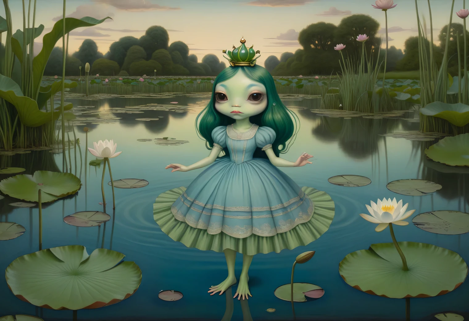 a painting on craft paper in the style of artist Mark Ryden, a strange alien anthropomorphic frog with long green hair in a blue dress stands on a sheet of evening pond water lilies, evening pond surface, water lilies and reeds, an alien anthropomorphic frog is shown in detail, evening pond, full compliance with the style of Mark Ryden, high resolution, Mark Ryden style page