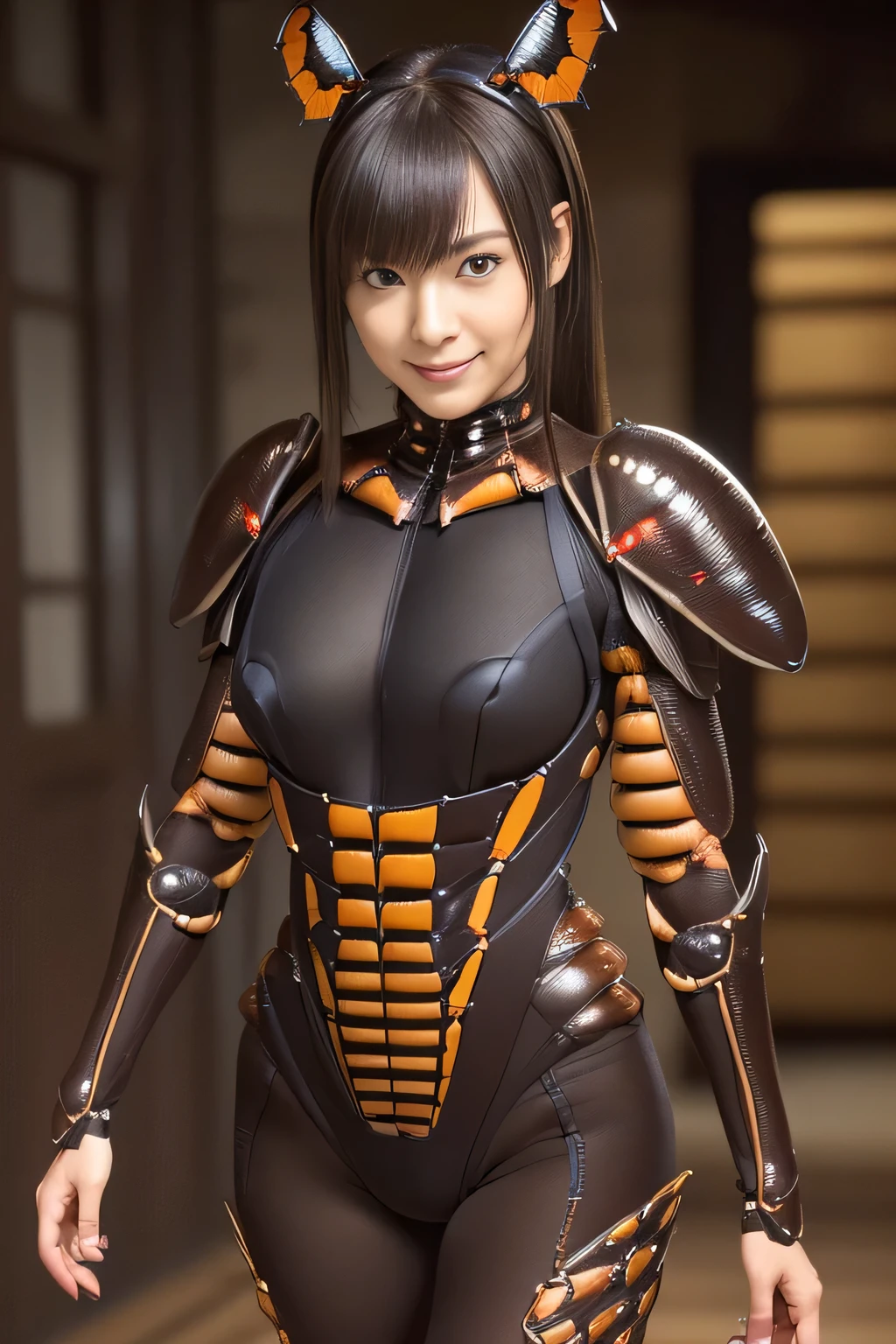 (high resolution,masterpiece,best quality,extremely detailed CG, anime, official art:1.4), realistic, photo, amazing fine details, all intricate, gloss and shiny,awesome many layers, 8k wall paper, 3d, sketch, kawaii, illustration,( solo:1.4), perfect female proportion,villainess, (fusion of dark brown cockroach and lady:1.4), (brown cockroach form lady:1.2), (brown cockroach lady:1.2), (fusion:1.2), (solo:1.4), (evil smile:1.2), muscular, abs, (cockroach brown exoskeleton bio insect suit:1.4), (cockroach brown exoskeleton bio insect armor:1.2), (brown transparency cockroach wing:1.4), (brown cockroach antennae:1.3),