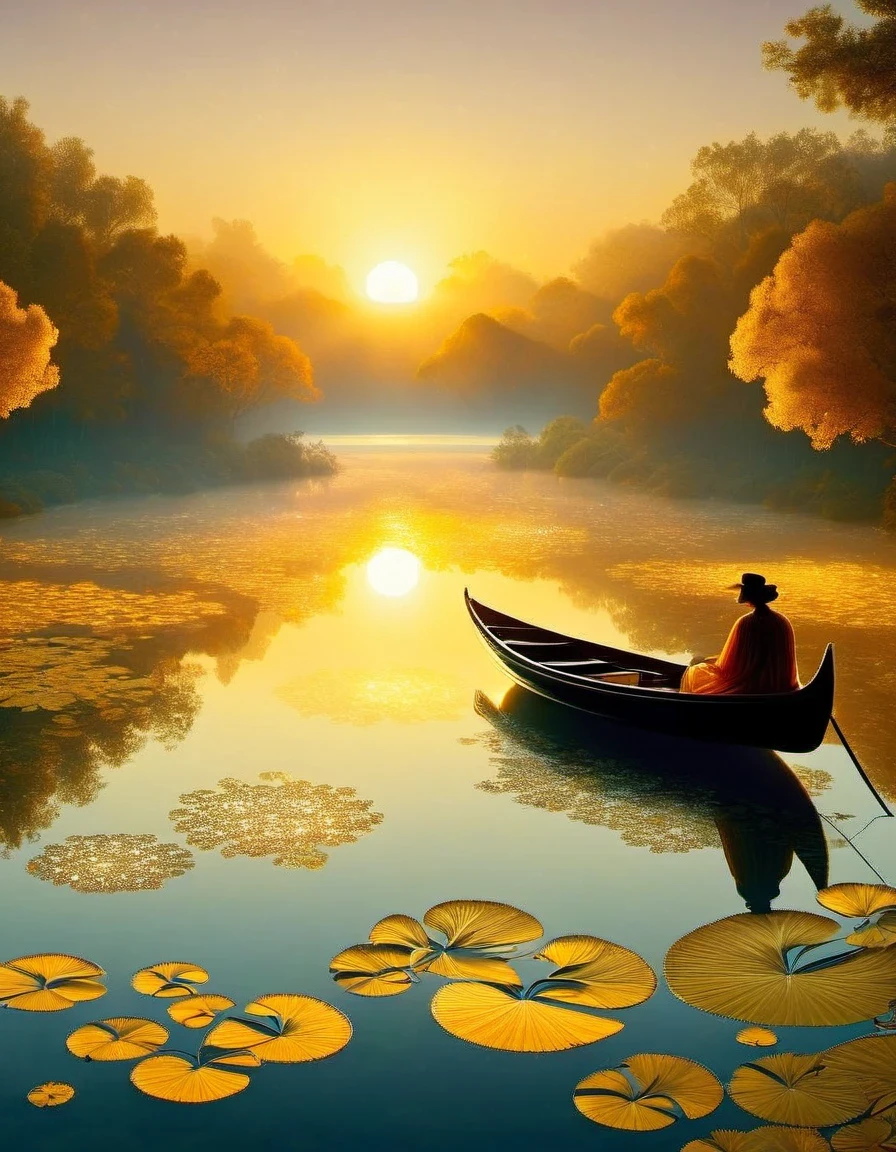 portrait art style of Golden Pond, Sunset, Sparkling, Couple's Inverse Light on Boat,a beautiful painting by Henri Rousseau,in the style of rolf armstrong: fractal,by Andrey Remnev,Tomer Hanuka,Surreal,Non-Fiction,Worldly,Retro,Laser-Cut,The picture is from Wong Kar-wai's work, by Paul Barson,by Petra Collins,by Mandy Disher,Reflective Atmosphere,Zen Atmosphere, Romantic Atmosphere,Unreal engine,octane render,Corona Render,high detail,hyper quality,high resolution,trending on artstation,HD,16K,depth of field (dof),Top view,dramatic lighting