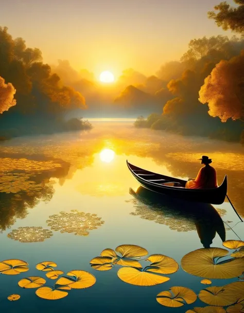 portrait art style of Golden Pond, Sunset, Sparkling, Couple's Inverse Light on Boat,a beautiful painting by Henri Rousseau,in t...