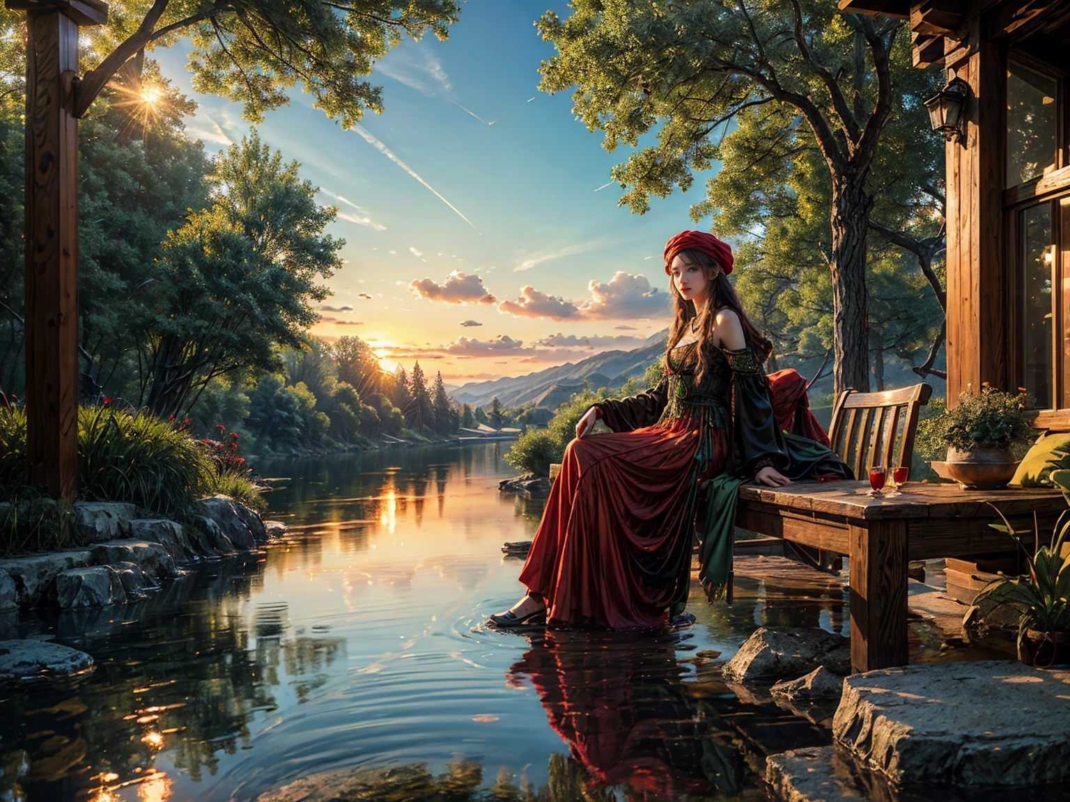 Peter Lik-styled, ultra-realistic and highly detailed pen and ink rendition of a young, hippie-fashioned woman, donned in a green-yellow-red Rastacap, deeply engaged in the act of smoking hookah by the tranquil lake after sundown, reminiscent of Vasnetsov's "Alyonushka". The focus shifts dramatically towards the mesmerizing reflection mirrored in the still water((masterpiece, highest quality, Highest image quality, High resolution, photorealistic, Raw photo, 8K)), , 