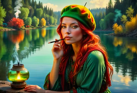 reflective art  in the style of peter lik . evening.  young woman hippie-fashioned in green-yellow-red beret, smoking hookah nea...