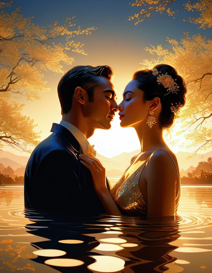 Portrait art style《Golden pond》，sunset，flashing，Couple on the boat against the light，In the style of Rolf Armstrong： Fractal,author Andrey Remnev,Tomer Hanuka,Surreal,Non-Fiction,Worldly,Retro,Laser-Cut,The picture is from Wong Kar-Wai's work、 author：Paul Barson,by Petra Collins,by Mandy Disher,Reflective atmosphere,Zen atmosphere,romantic atmosphere,Unreal Engine,octane rendering,corona rendering,high detail,super high quality,high resolution,Art Station Popular Trends,HD,16K,depth of field(dof),top view,dramatic lighting