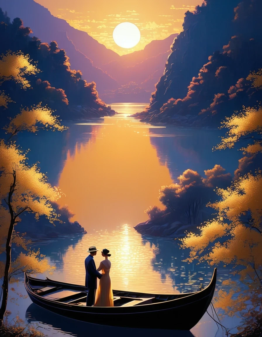 Portrait art style《Golden pond》，sunset，flashing，Couple on the boat against the light，In the style of Rolf Armstrong： Fractal,author Andrey Remnev,Tomer Hanuka,Surreal,Non-Fiction,Worldly,Retro,Laser-Cut,The picture is from Wong Kar-Wai's work、 author：Paul Barson,by Petra Collins,by Mandy Disher,Reflective atmosphere,Zen atmosphere,romantic atmosphere,Unreal Engine,octane rendering,corona rendering,high detail,super high quality,high resolution,Art Station Popular Trends,HD,16K,depth of field(dof),top view,dramatic lighting