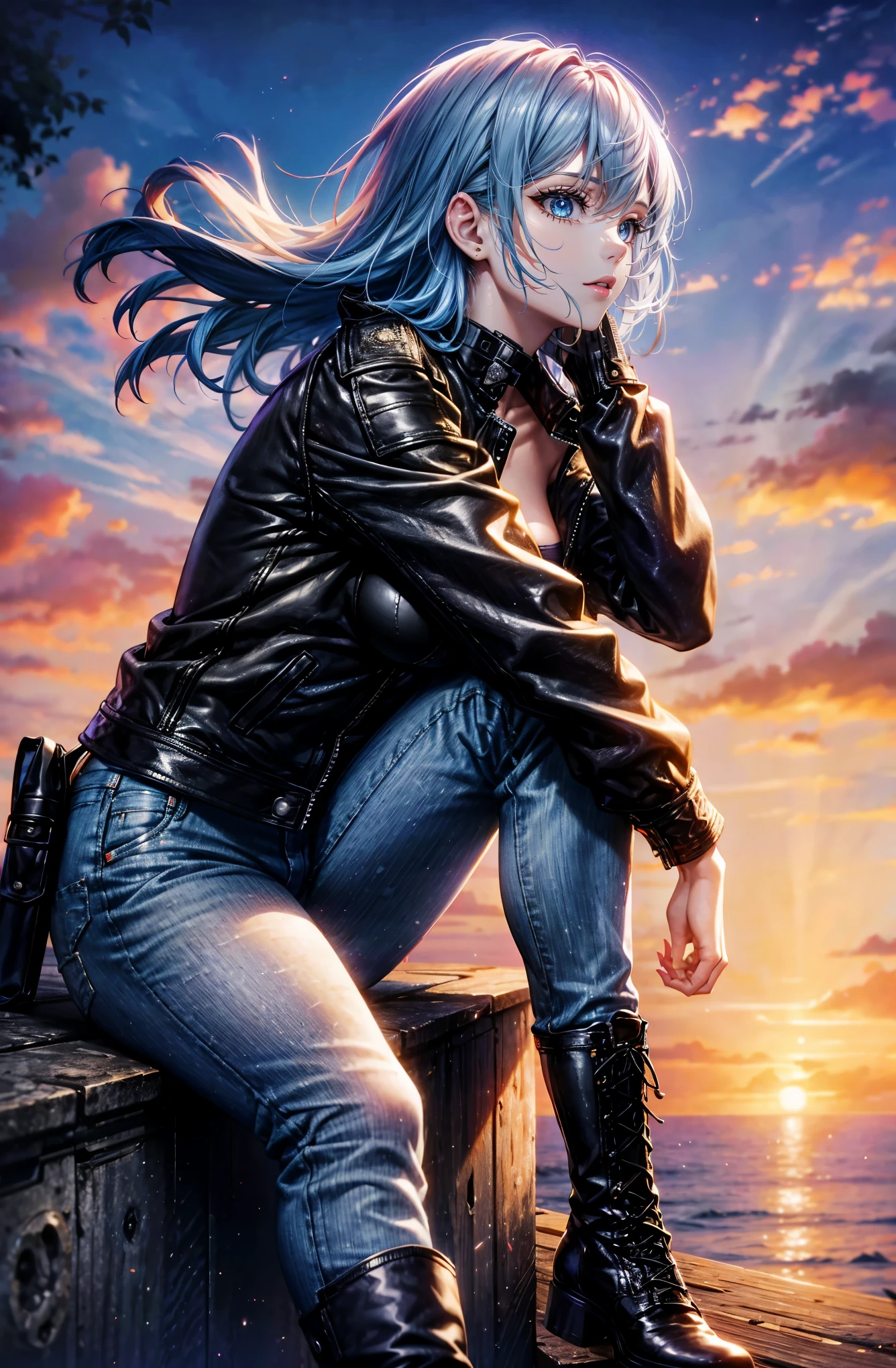 hyper quality、8K quality、High resolution、Image quality taken with a single-lens reflex camera、(SFW)、perfect anatomy、(Blue Hair Medium Hair、shoulder length hair:1.2)20 year old beauty.blue eyes(sharp look:1.4)(Good shape and normal breasts)、BREAK(leather jacket、denim pants、boots:1.2)BREAK、turn sideways（perfect anatomy:1.4）BREAK(Sitting on the breakwater and enjoying the sunset、looking away:1.2)(A dazzling orange sunset from the west🌇、orange light:)Portrait