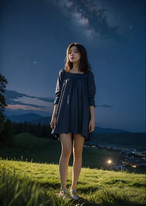 A girl stands in a meadow with short grass at night、Woman in nightdress、brown hair、full body photo、City lights below、Aurora in t...