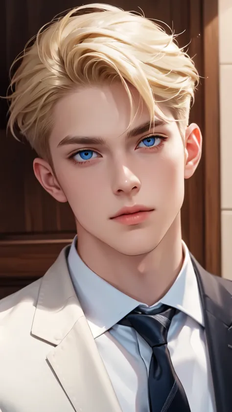 Boy, blond hair, blue eyes, sharp features, white skin, formal style