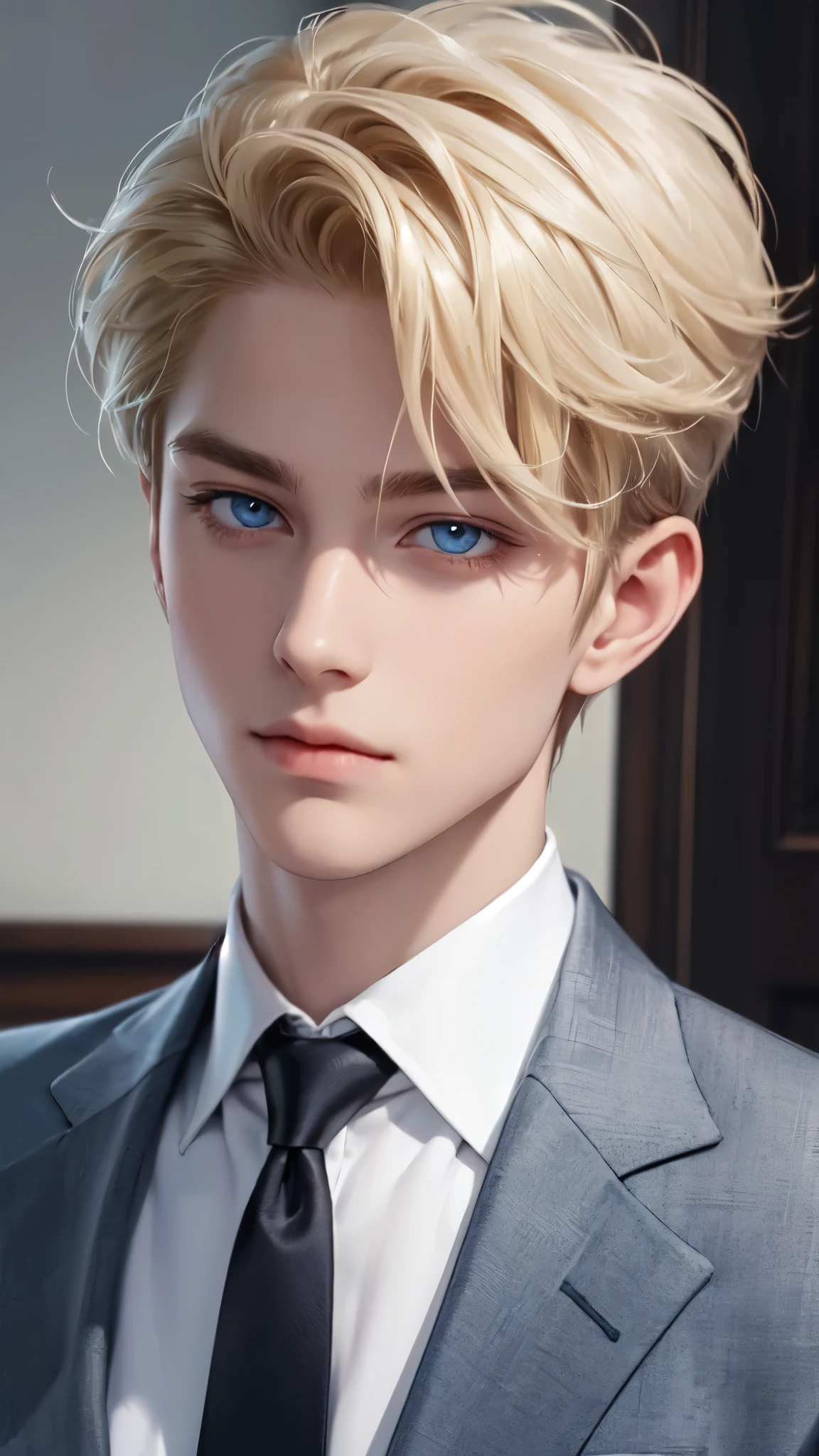 Boy, blond hair, blue eyes, sharp features, white skin, formal style