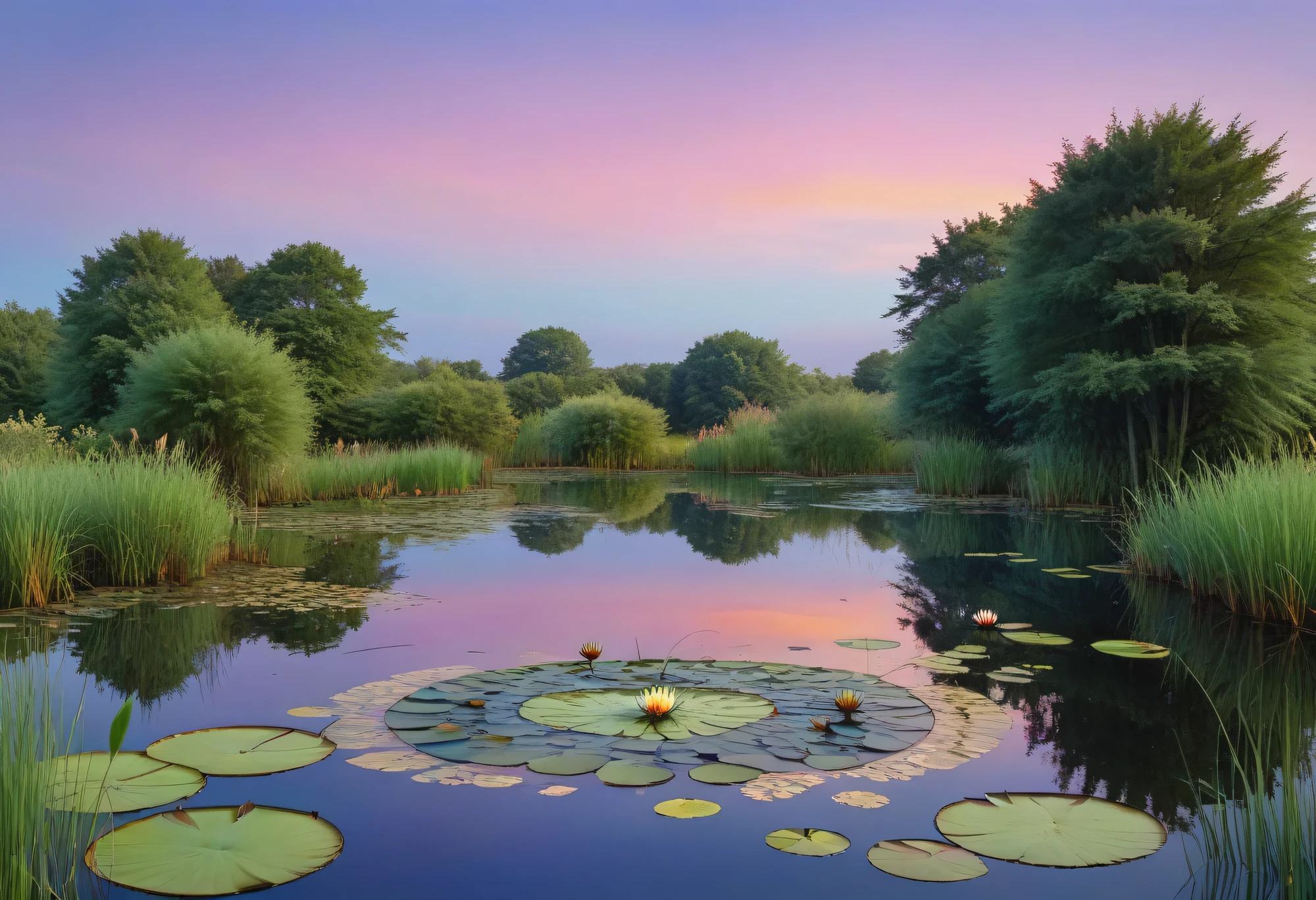 A beautiful evening pond in evening colors, thickets of sedges and water lilies, the evening sky is reflected in the mirrored surface of the pond, a bird's nest floats in the center of the pond, an evening pond, mosquitoes, dragonflies, a palette of evening colors, quiet, calm, beautiful, the image is shown in detail, 32k, imitation of the Ridgeway Knight style. artistic image